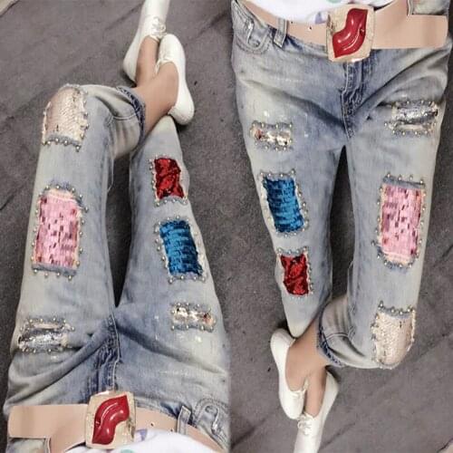 Ladies Jeans Spring and Summer New All-match Cropped Trousers Loose and Thin, Beaded Holes and Sequined Pants