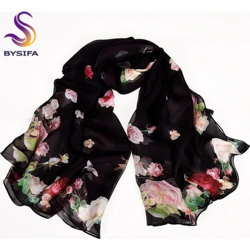 [BYSIFA] Black Roses Silk Scarf Shawl Women Spring Autumn Floral Design Long Scarves 2018 New Brand 100% Scarf Foulard 180*110cm