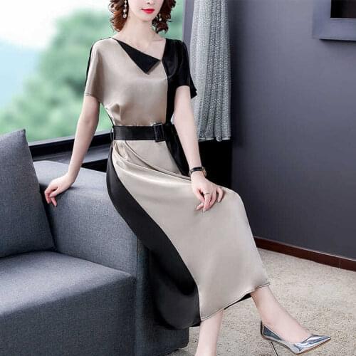 New Summer Dress Female Waist Slimming V-Neck Color Matching Temperament Long Skirt Light Mature Goddess Fan Skirt