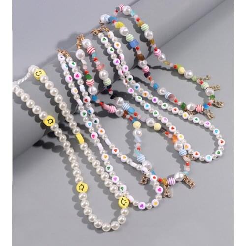 Sweet Colorful Smiley Face Beaded Necklace For Women Handmade Baroque Pearl Necklaces Candy Bead Choker Girls Vacation Jewelry