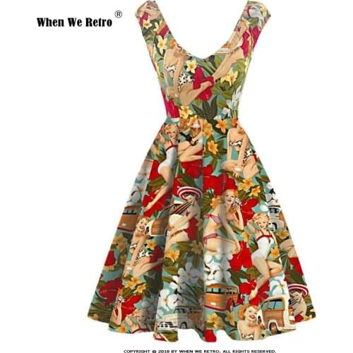 Floral Print V Neck Sexy Women Summer Dress vestidos VD1913 Short Sleeve Swing Plus Size 50s 60s Retro Vintage Dresses