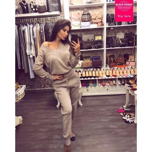 2020 winter Woolen and Cashmere Knitted warm Suit V-Neck Collar Velvet Sweater + Mink Cashmere Trousers Leisure Two-piece wj1359