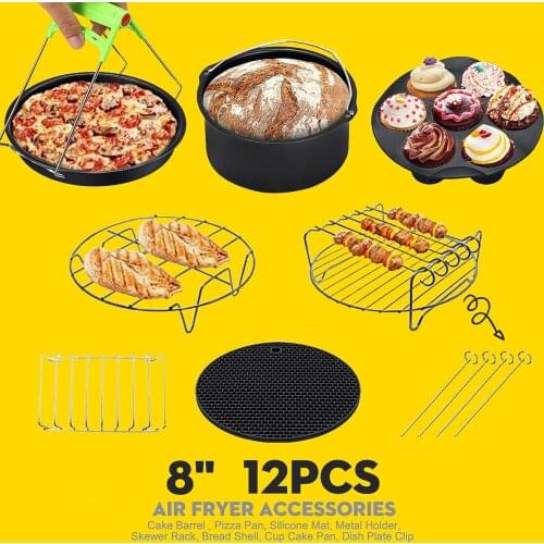 12pcs Air Fryer Accessories 8 Inch Fit for Airfryer 5.2-5.8QT Baking Basket Pizza Plate Grill Pot Kitchen Cooking Tool for Party