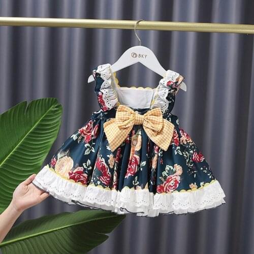 2021 Summer New Palace Style Lolita Little Girl A-line Dress For Girls Bowknot Princess Dresses Kid Printing Dress 1-5 Years Old