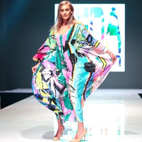 2021 Beach Kaftan Bohemian Mix Color Printed Loose Summer Maxi Dress Cotton Tunic Women Beachwear Bathing Suit Cover Up Q997