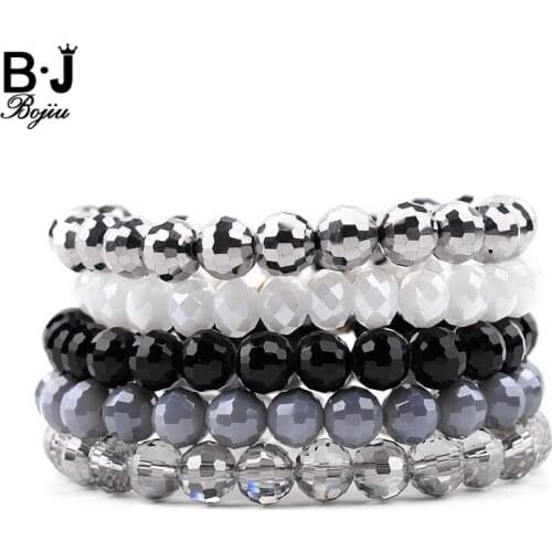 BOJIU 5 Pcs/Set Faceted Crystal Bead Bracelet For Women Classic Female Black White Gray Crystal Bracelet Party Jewelry BCSET201
