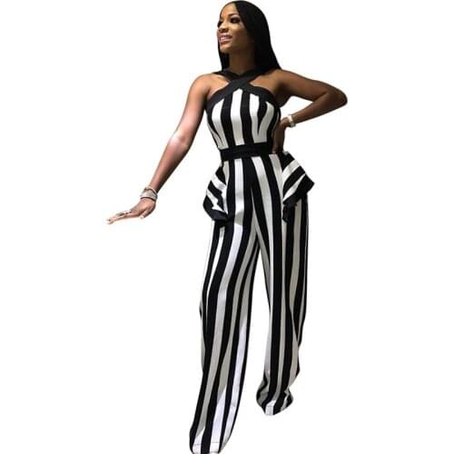 Black White Striped Wide Leg Jumpsuit Women Sleeveless Halter Off Shoulder Sexy Romper Elegant Office Formal Jumpsuit Overalls