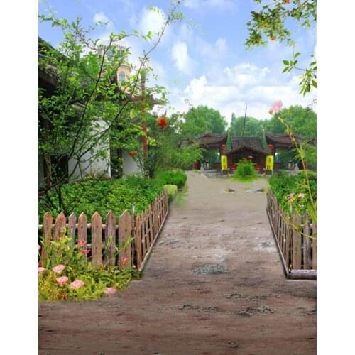 Green Tree Grass Chinese Pavilion Photography Backdrops Photo Props Studio Background 5x7ft