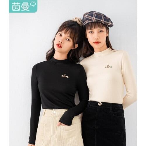 INMAN 2021 Spring New Arrival Hi-Tech Age Reduction Embroidered Half High Neck Thermal Stretch Long Sleeve Womens T-Shirt