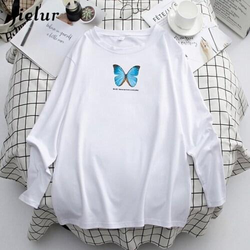 Jielur Autumn Chic Cotton Black White Womens T-shirts Butterfly Print Tee Shirt Femme Casual Long Sleeve M-4XL Oversize Tops