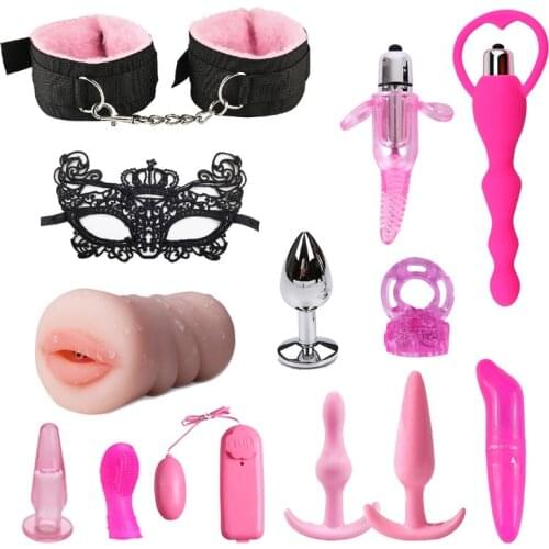 13pcs Sex Toys Kit Bondage Suit Furry Handcuffs Vibrating Egg Finger Vibrator G-Spot Anal Plug Set Sex Face Mask Penis Cock Ring