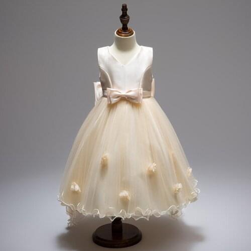 Fashion Girls V-neck Trailing Dresses For Wedding Flower Girl Party Lace Dress With Bow Cute Ball Gown Dresses Infanty Vestido