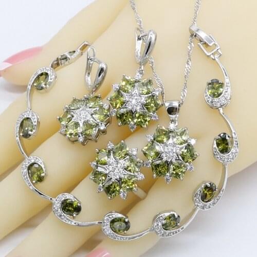 Olive Green Cubic Zirconia Silver Color Jewelry Sets For Women Earrings Bracelet Rings Necklace Pendant Wedding Gift