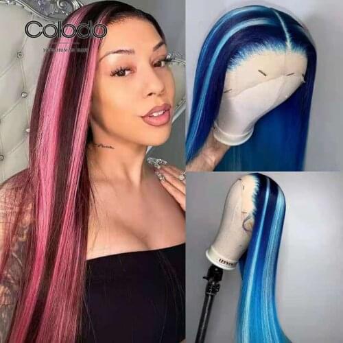 Straight Blue Highlight Lace Frontal Wig Pink Highlight Human Hair Pre Plucked Glueless Colored Transparent Lace Front Wigs