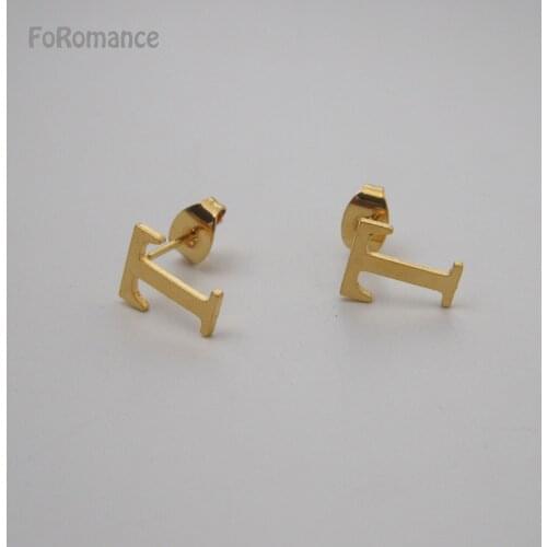 FoRomance Woman Girl YELLOW GOLD GP OVERLAY FILL BRASS INITIAL LETTER T STUD EARRING