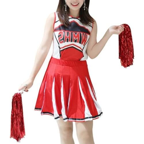 High School Girl Ladies Women Glee Style Cheerleading Costume Cheerleader Fancy Dress Uniform Party Costume Top+Skirt+Pompoms
