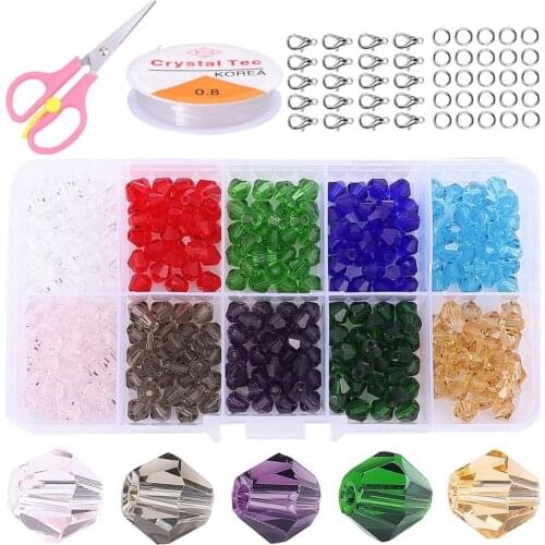 4/6/8/10mm Glass Bicone Beads Austria Crystal Faceted Beads Lobster Clasps Beading Cord Box Set For Jewelry Making DIY Earring