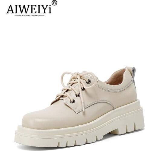AIWEIYi British Style Lace Up Genuine Leather Shoes Female Black Soft Leather Comfortable Platform Loafers Oxfords Shoes