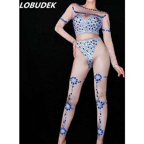 Flashing Blue Rhinestones Skinny Crystals Leotard Nightclub Female Sexy Costume Bar DJ Singer Dance Outfit Party Show Stage Wear