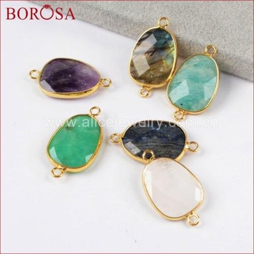 BOROSA Gold Color Natural Druzy Stone Connector for Bracelet,Labradorite Amazonite Lapis Lazuli Stone Connector for Women G1404