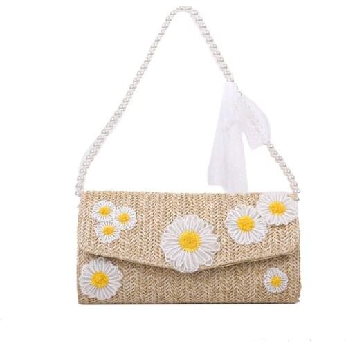 2021 Flower Pearl Shoulder Handbag Wallet Bag Summer Women Casual Beautiful Embroidery