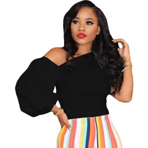 Womens Fashion Casual One Shoulder Puff Sleeve Tops