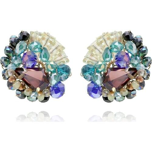 Round Flower Shape Stud Earrings Crystal Beaded Trendy Earrings for Women Girls Multicolor Handmade Crystal Earrings Bijoux 3308