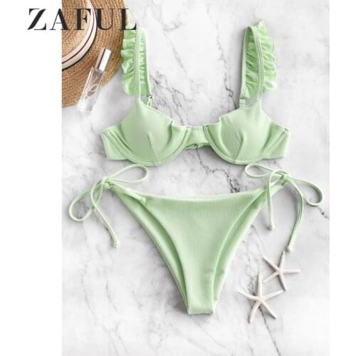 ZAFUL Beachwear Frilled Textured Sexy Bikini Set Women Padded Bra Tie Side Two-Piece Swimsuit Push Up Bathing Suit Summer Beach