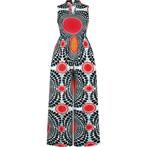 Womens Round Neck Sleeveless Printed Casual Wide-Leg Pants, Jumpsuit With Pockets