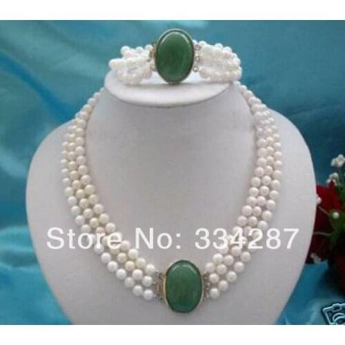 3Rows 7-8mm White Pearl+jades clasp necklace bracelet