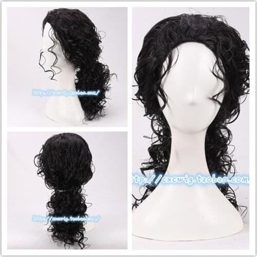 Michael Jackson Cosplay Black Wig Michael Role Play Medium Long Curly Black Hair Pigtail Wig Halloween Costume Cosplay Wigs