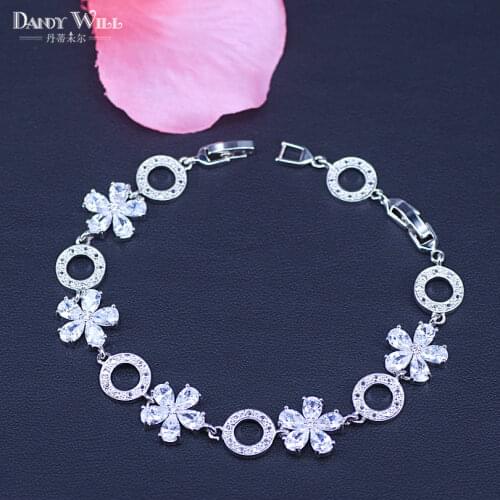 Flower & Round Square Jewelry Luxury Bridal Bracelet Clear White Cubic Zircon Stone Women Bracelets Bangles For Wedding