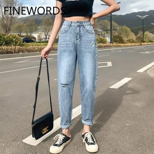 FINEWORDS New Daisy Embroidery Distress Ripped Boyfriend Jeans For Women High Waist Casual Harem Jeans Korean Loose Denim Pants