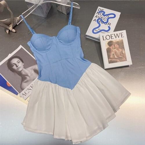 2021 Sleeveless Backless Elegant Party Outfits Sexy Club Clothes V-neck Spaghetti Strap Blue Patchwork White Ruffle Dress