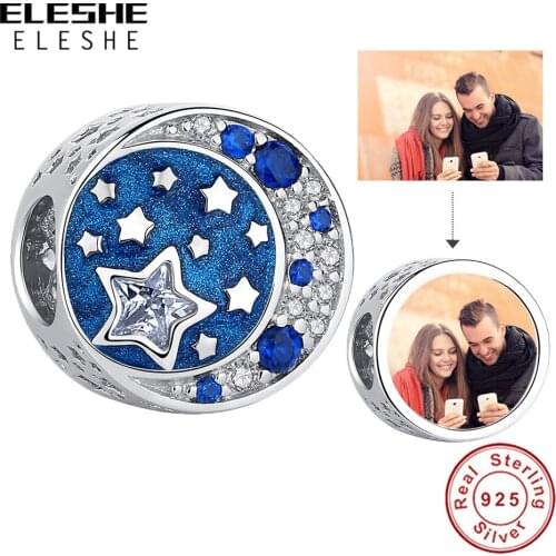 Forever Love You Moon Star CZ Charm 925 Sterling Silver Round Shape Beads Fit Original Charm Bracelets DIY Custom Photo Jewelry