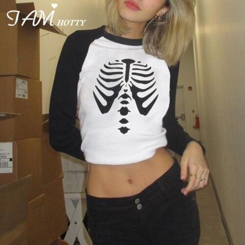 Sternum Printed Patchwork T Shirt Women Gothic O-neck Long Sleeve Tops Casual Cotton Cropped Top Tee Vintage Pullovers Iamhotty