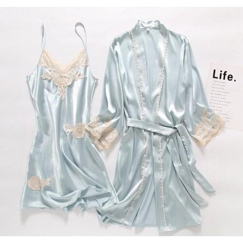 Women Kimono Bathrobe Gown Sexy Printed Robe Set V-Neck Satin Nightdress Summer Ice Silk Two Piece Sleep Set Blue Wedding Robe