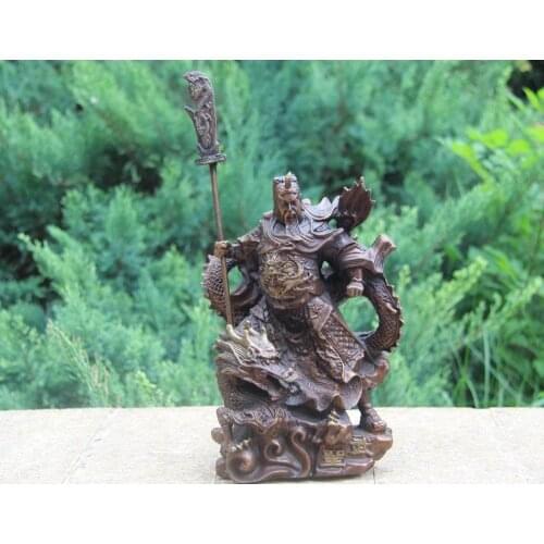 Chinese Copper Bronze Guan Gong Guan Yu Warrior God Sword Stand in Dragon Statue