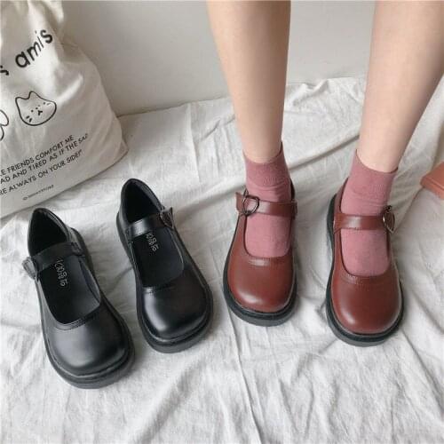 Sweet Lolita Shoes For Women Kawaii Retro Heart Loafers Fashion PU Leather Black Brown Flats Ladies Platform Mary Jane Shoes New