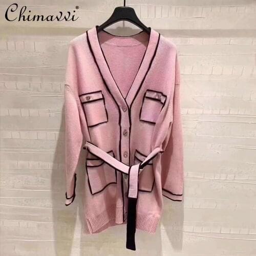 Fashion Retro Knitted Cardigan 2021 Fall Womens Clothing Four-Pocket Mid-Length Lace-up Sweater V-neck Pink Loose Tops Feminine