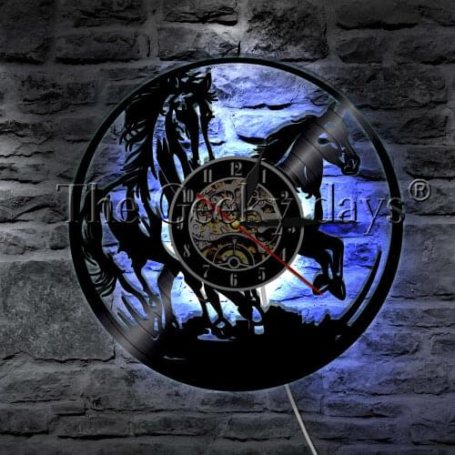 Free Running Horses LED Wall Light Vinyl Record Wall Clock Wildlife Animal Horse Wall Watch Art Decorative Lighting