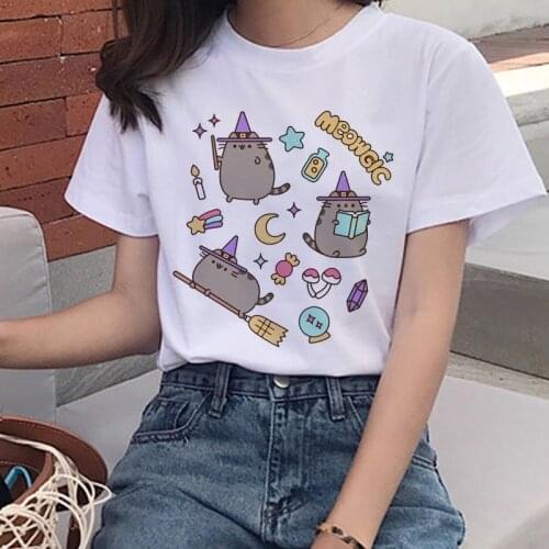2020 New Women T-shirt Cartoon The Cat Kawaii Printing Top Female T Shirts Harajuku Summer Casual Clothes O-neck Lady Tee Shirts