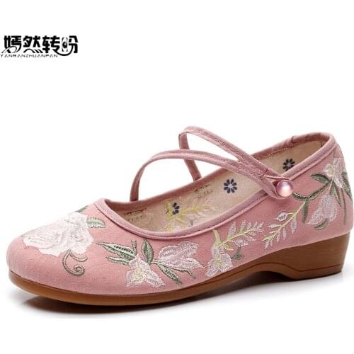 New Chinese Vintage Flower Embroidered Women Cotton Nurse Ballet Flats Triangle Buckles Ladies Soft Foldable Comfort Shoes