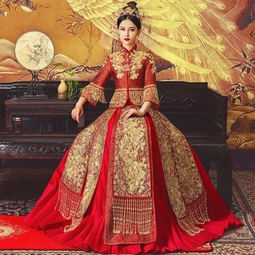 New Design Classic Embroidery Wedding Couple Clothing Cheongsam Dress Refined Banquet Stylish Elegant Bride китайская одежда