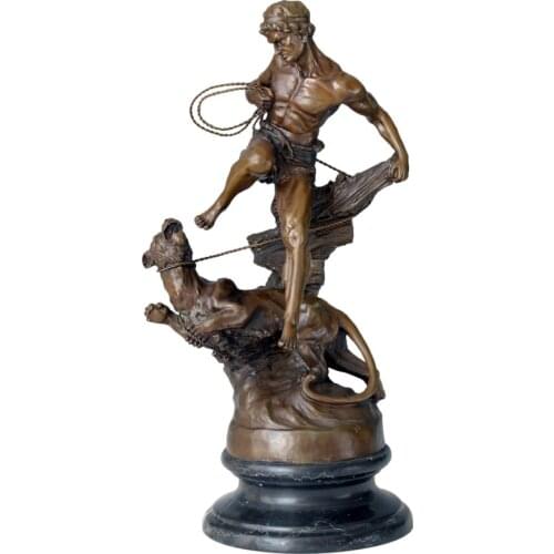 Hunter Catching Leopard Bronze Sculpture Huntsman Statue Large Vintage Art Office Villa Ornament Decor