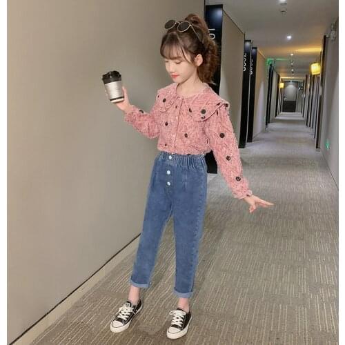 Girls autumn new casual suit Girl sweet shirt jeans suit Girls polka dot shirt jeans suit Girls shirt and pants suit