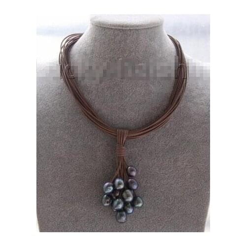 Choker 16" 15row 14mm peacock Black pearls coffee leather necklace