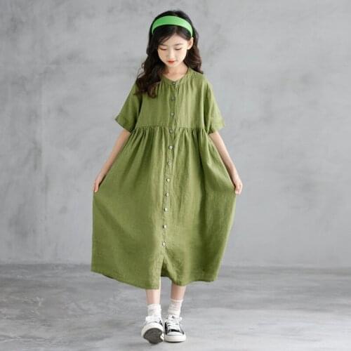 Girls Dress Summer Kids Dresses for Girl Clothes Children Elegant Green Button Long Frocks Mother Daughter Dress 4-16 Years