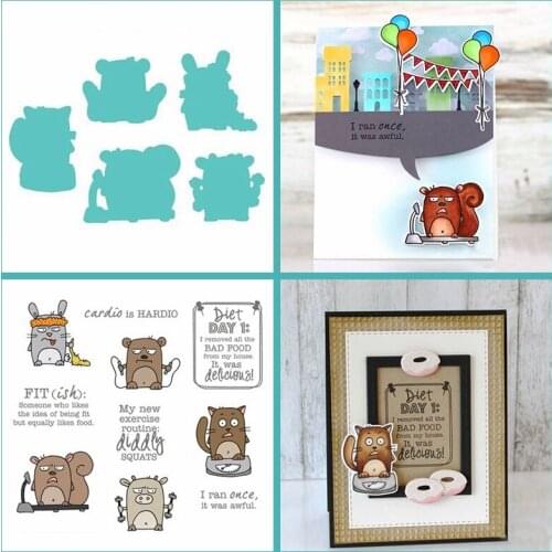 4.5*6.5inch Clear Transparent Stamps With Metal Cutting Dies Set Rope Skipping Weightlifting Exercise Cow Cat Rabbit Squirrel