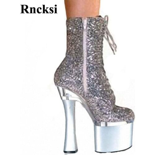 Rncksi 18cm High Heels, Thick Roots, Zipper, Pole Dancing Boots, 7in Sexy, Silver High Boots For Women Boots Shoes